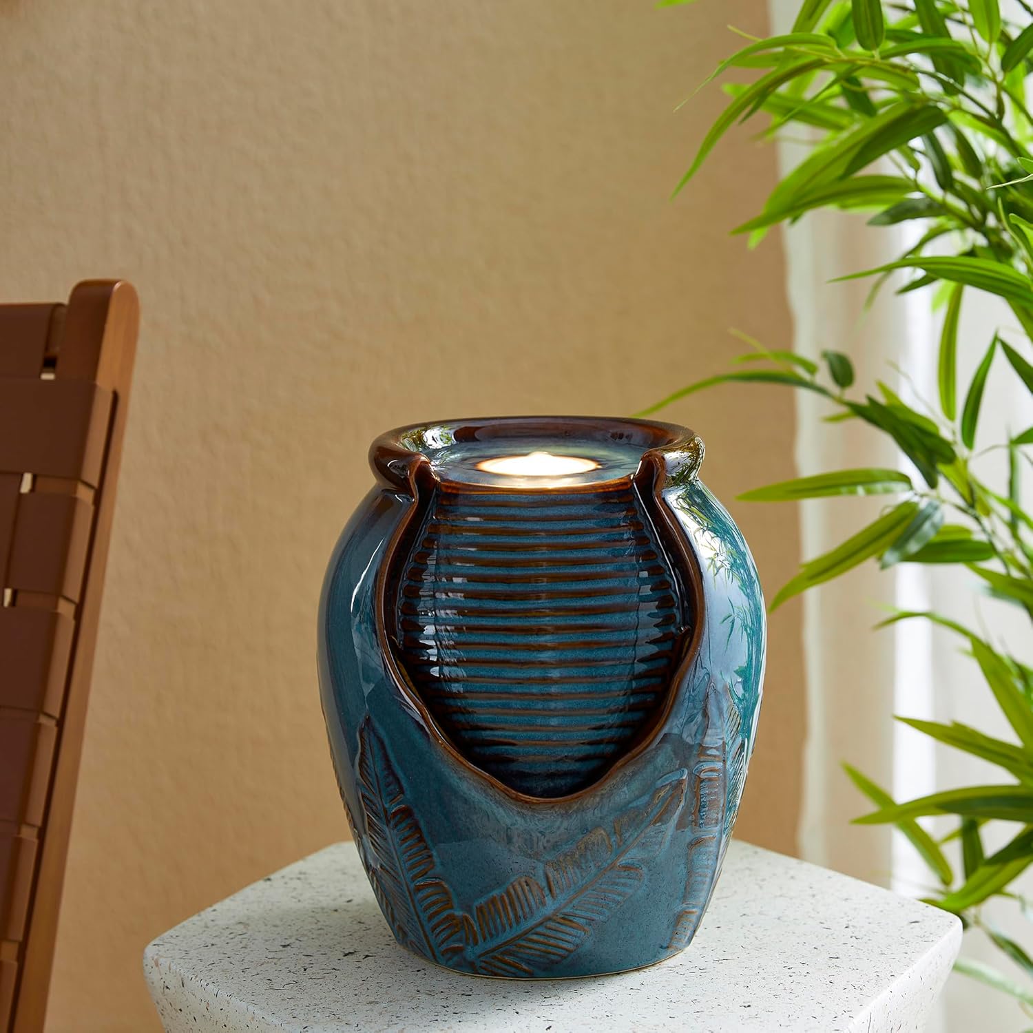 Glitzhome Tabletop Ceramic Jar Water Fountain with LED Light Turquoise Leaf Design 925H