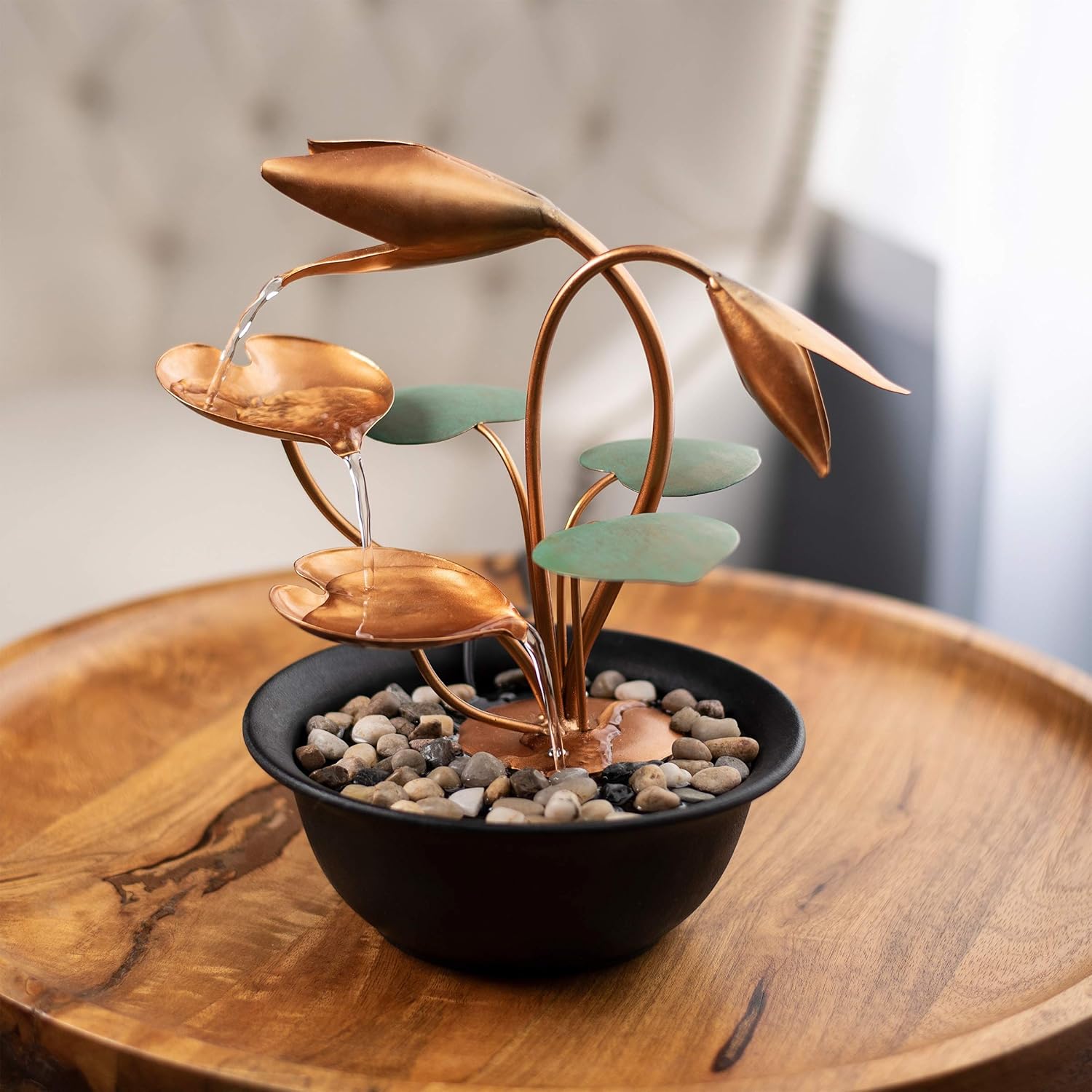 Tabletop Water Fountain with Metal Flowers and Leaves
