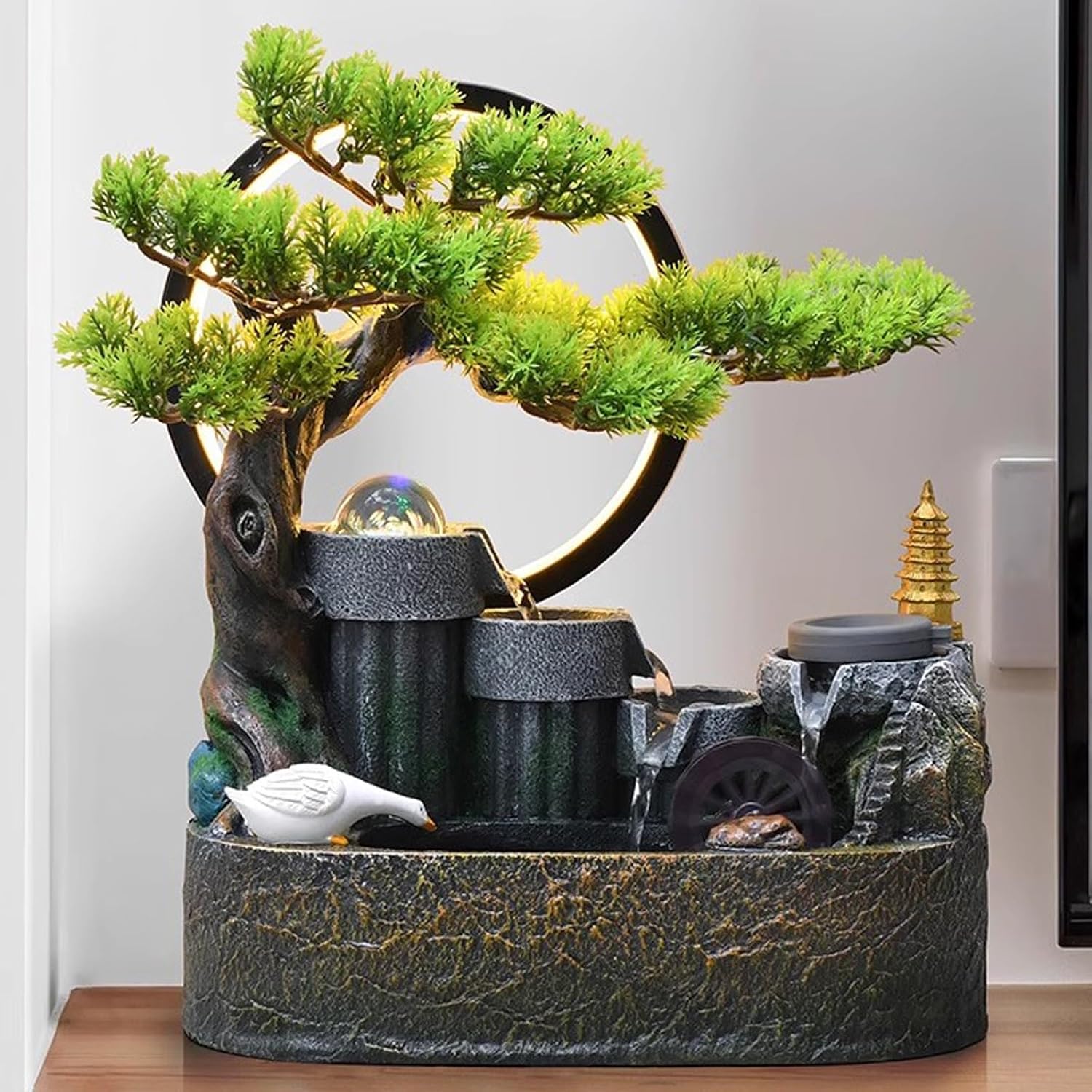 Elegant Indoor Water Fountain with Rockery and Bonsai Design
