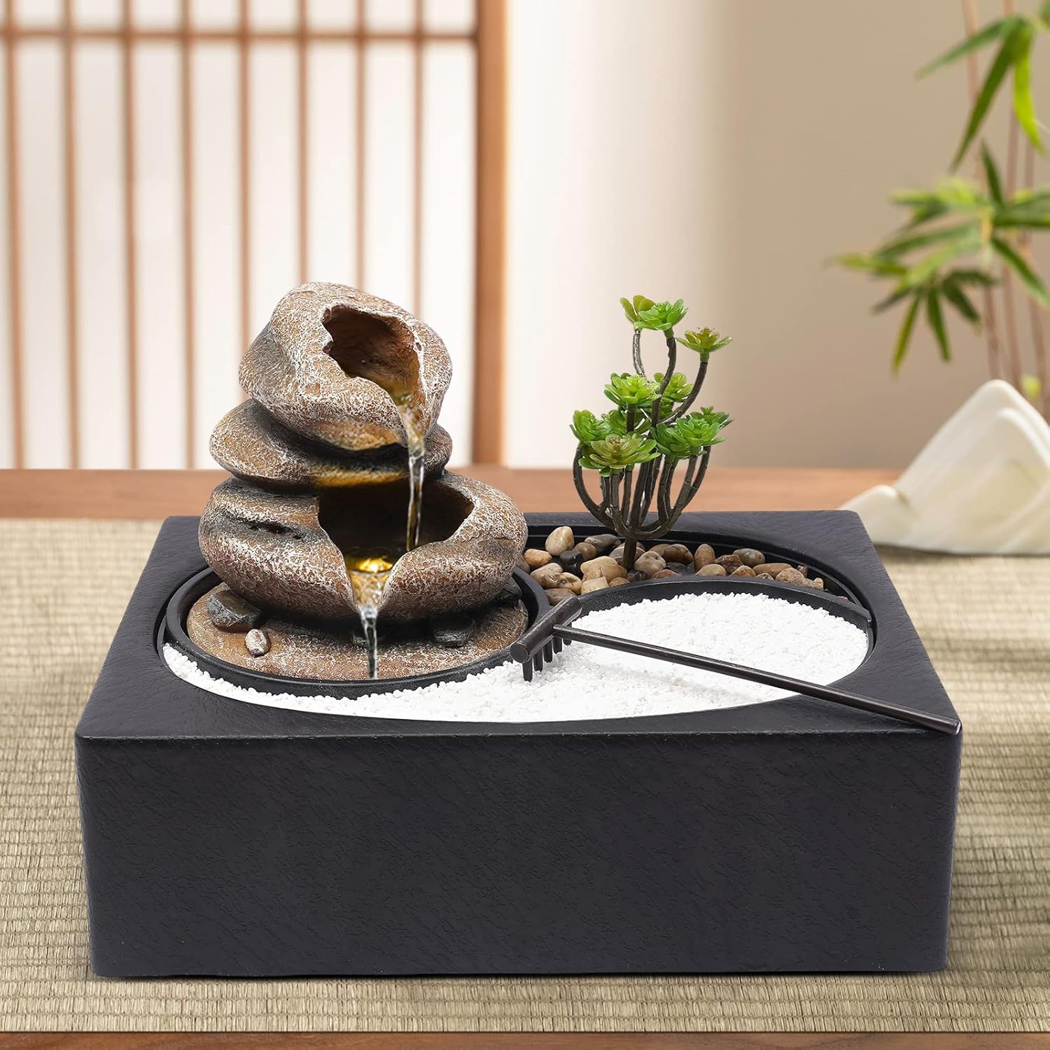 Table Top Water Fountain Indoor with River Rocks and Plants