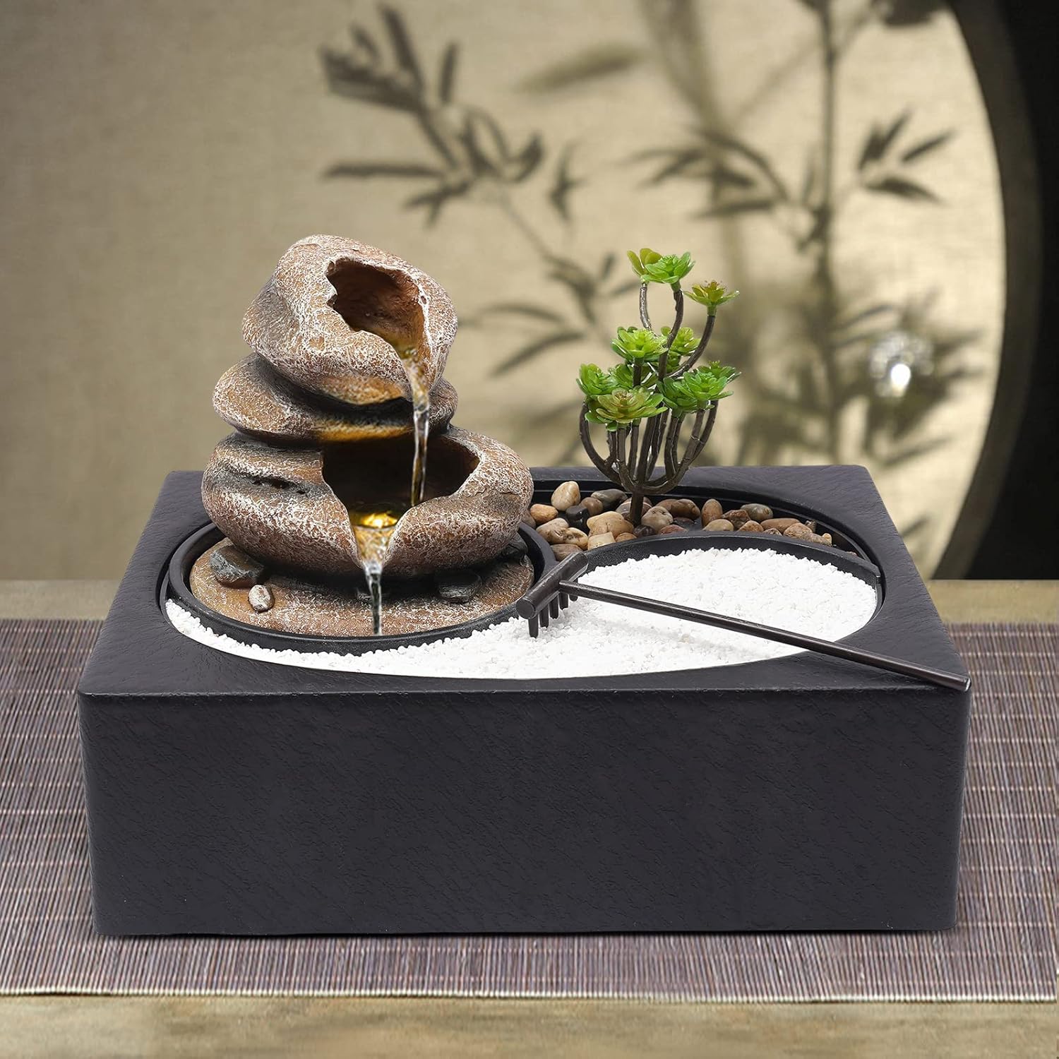 Table Top Water Fountain Indoor with River Rocks and Plants