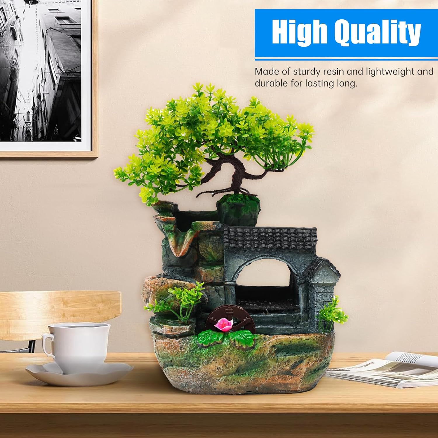 Tabletop Waterfall Fountain with LED Light and Adjustable Pump