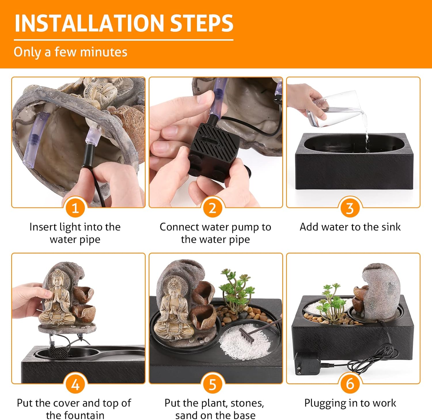 WICHEMI Waterfall Fountain Indoor Zen Garden Decor with LED Light