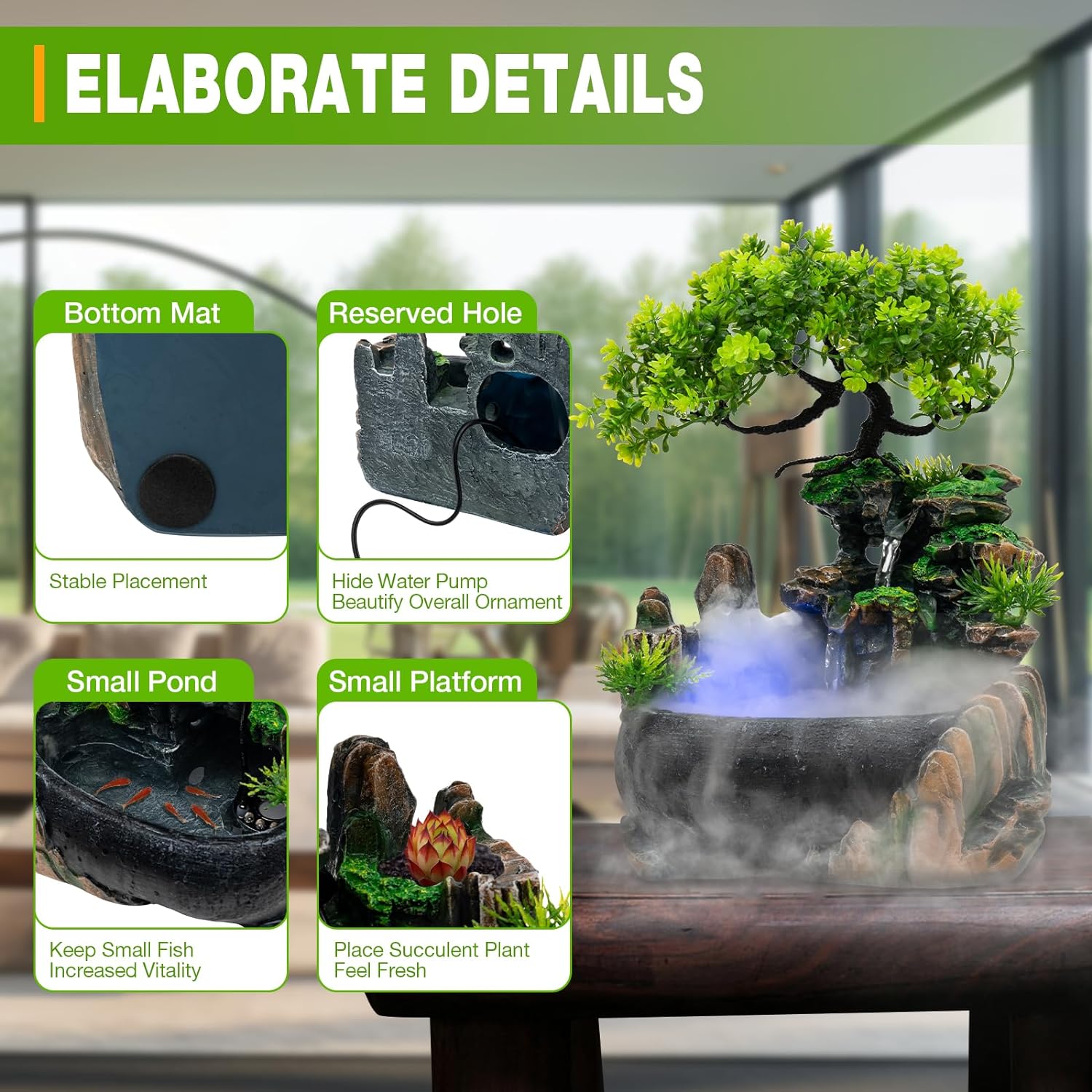 CaLaOCO Indoor Fountain Rockery with Atomizer and LED Light