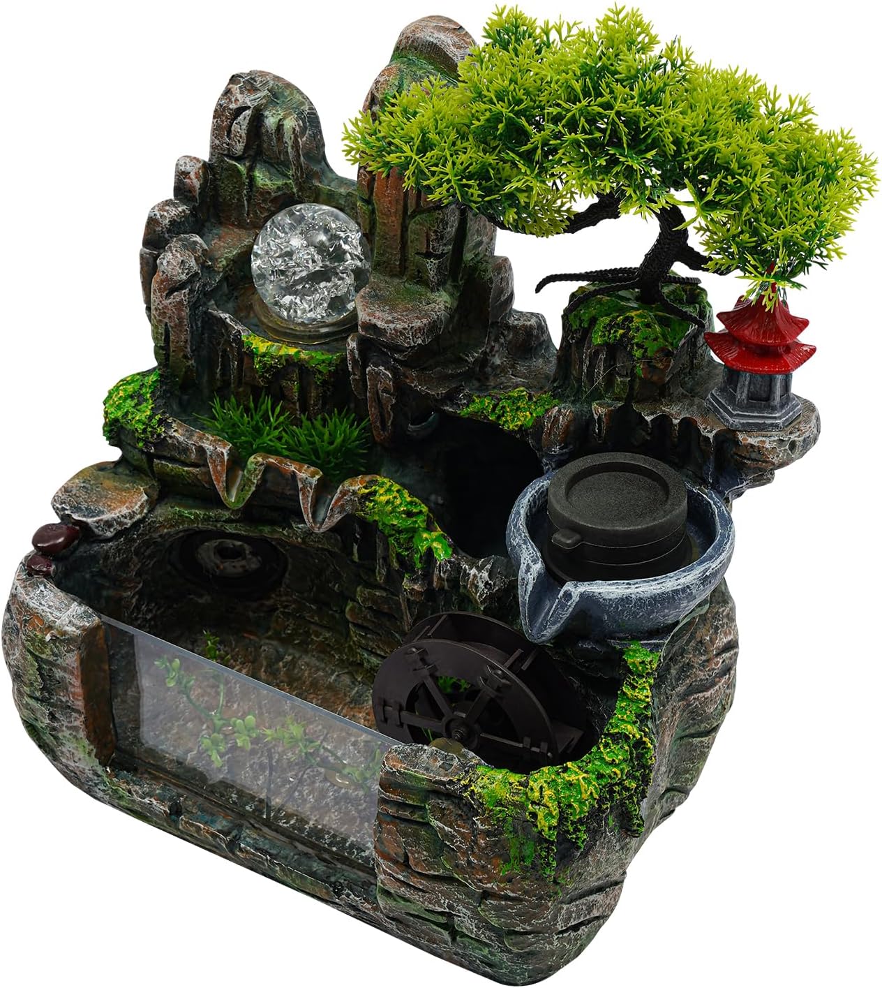 Indoor Zen Rockery Fountain with Birds and Fisherman Sculpture