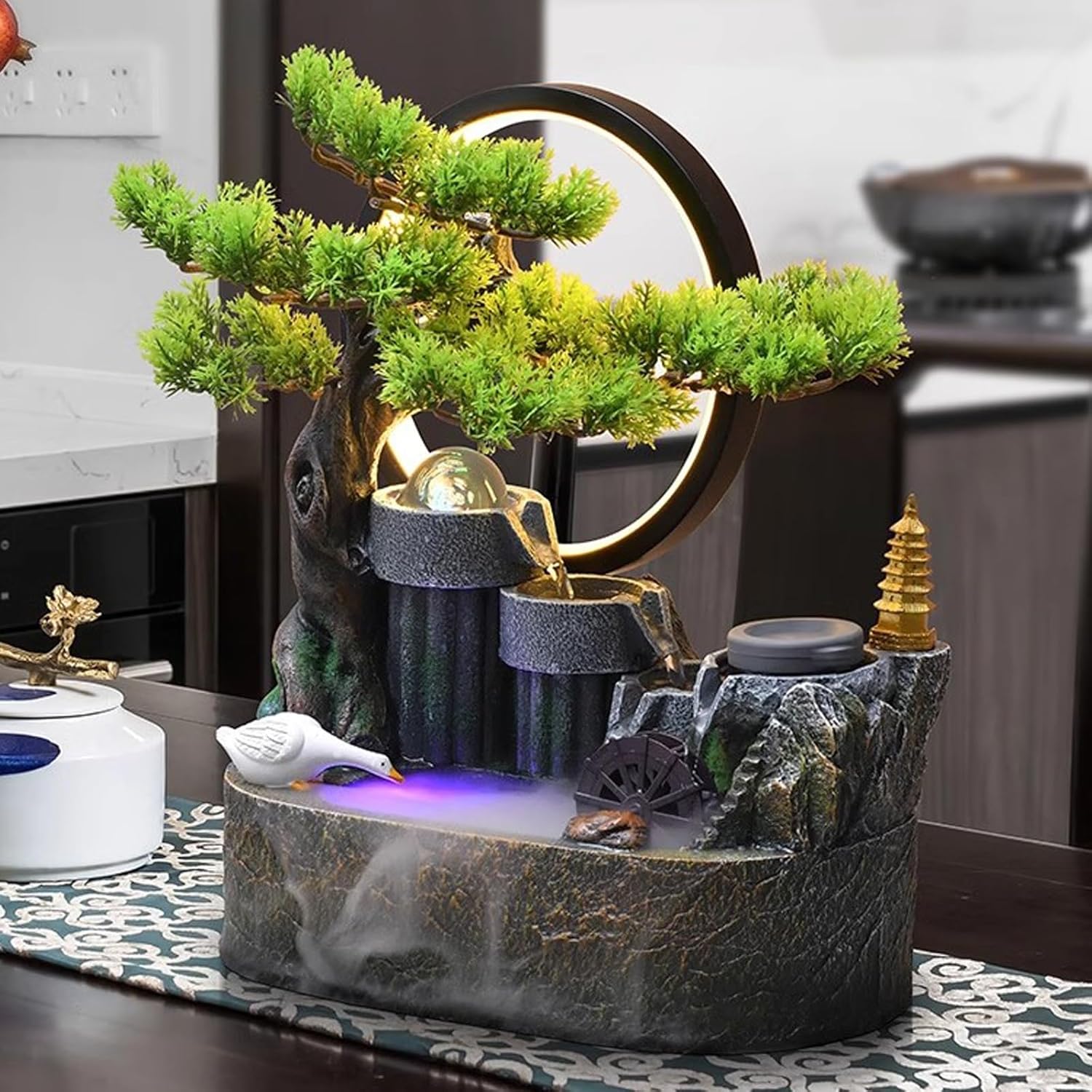 Elegant Desktop Water Fountain with Light and Bonsai