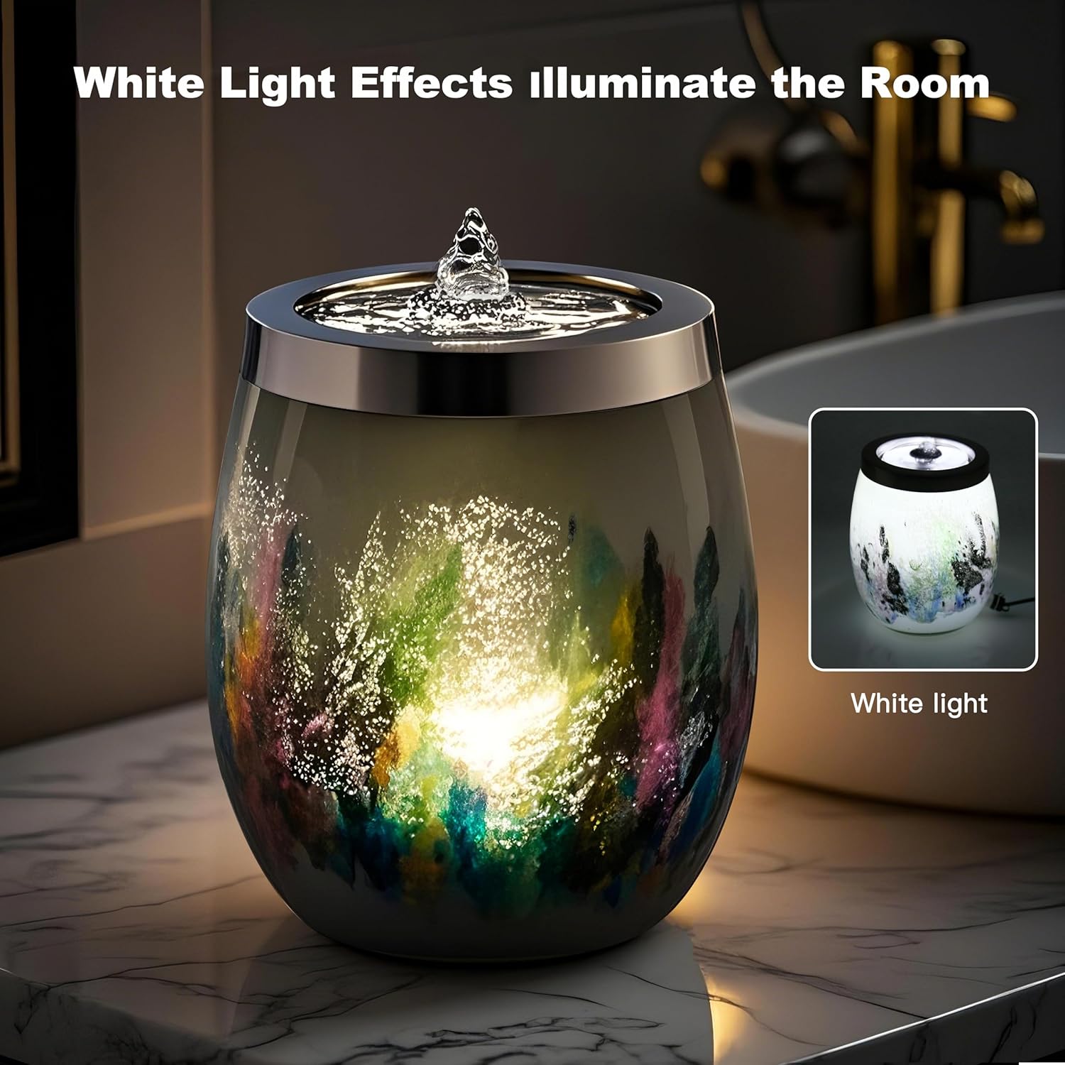 VOREEN Art Glass Tabletop Fountain with White Ambient Light and Aromatherapy