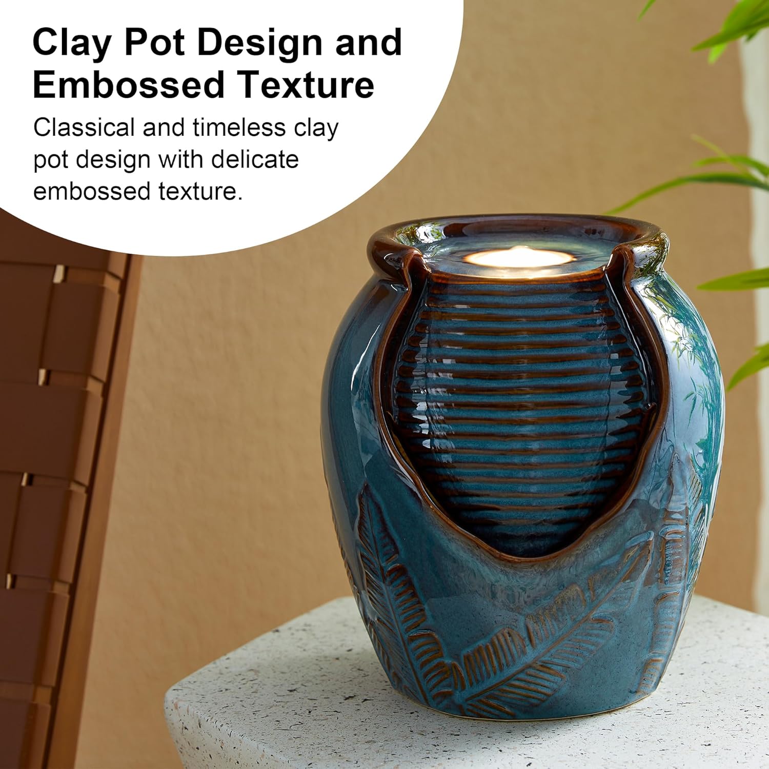 Glitzhome Tabletop Ceramic Jar Water Fountain with LED Light Turquoise Leaf Design 925H