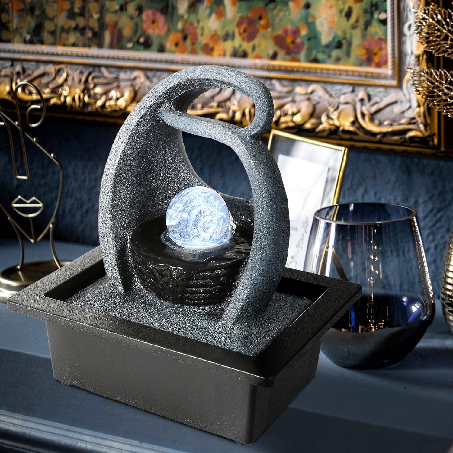 WICHEMI Water Fountain with LED Rolling Ball Indoor Fountain for Home and Office Decor