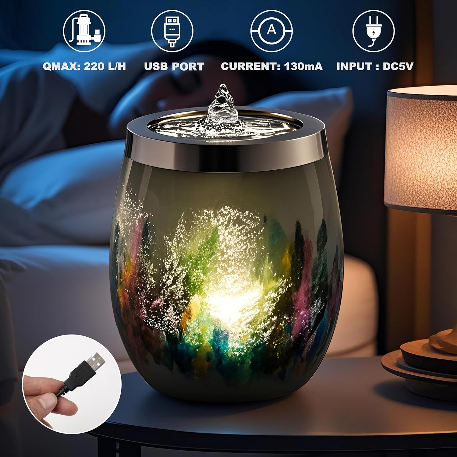 VOREEN Art Glass Tabletop Fountain with White Ambient Light and Aromatherapy