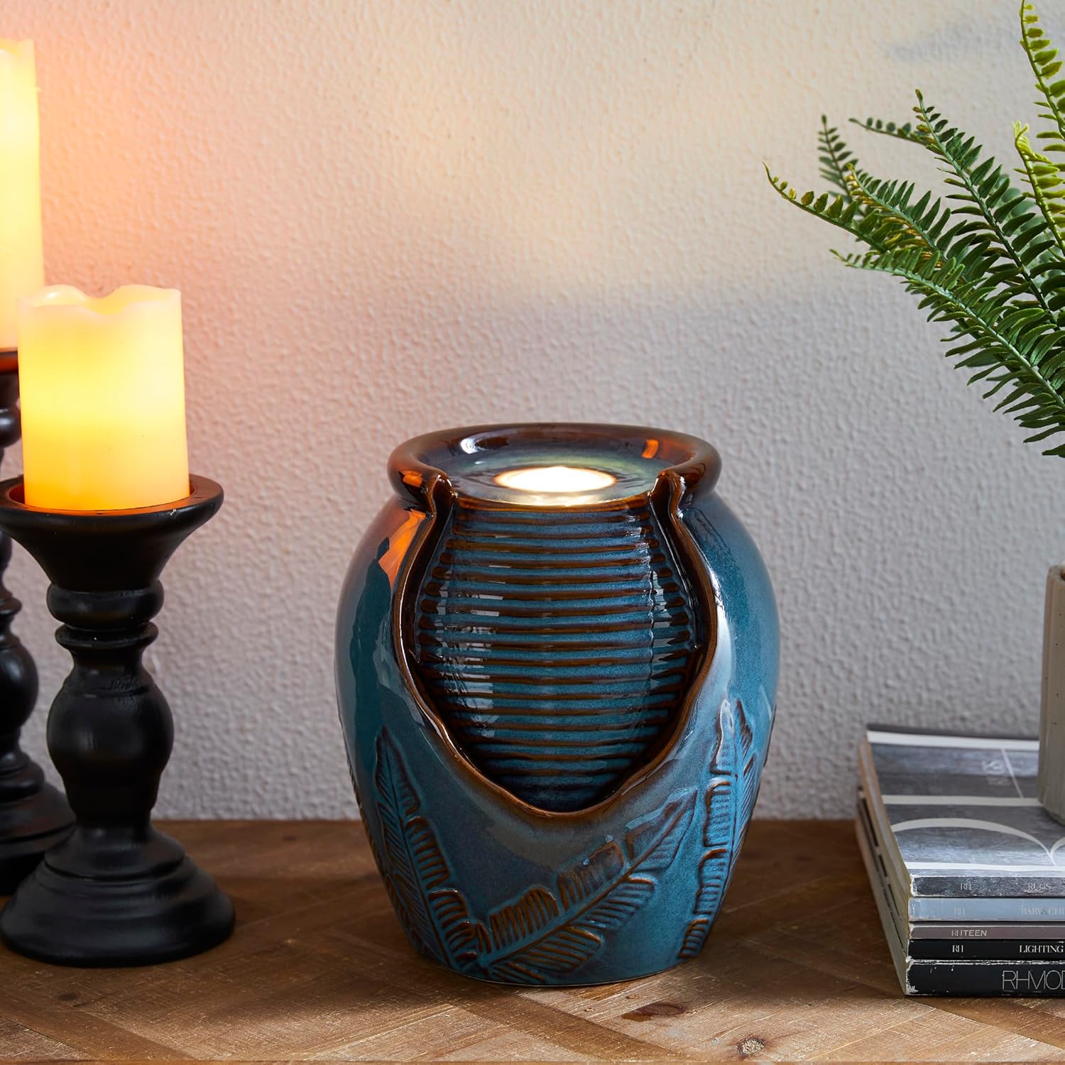 Glitzhome Tabletop Ceramic Jar Water Fountain with LED Light Turquoise Leaf Design 925H
