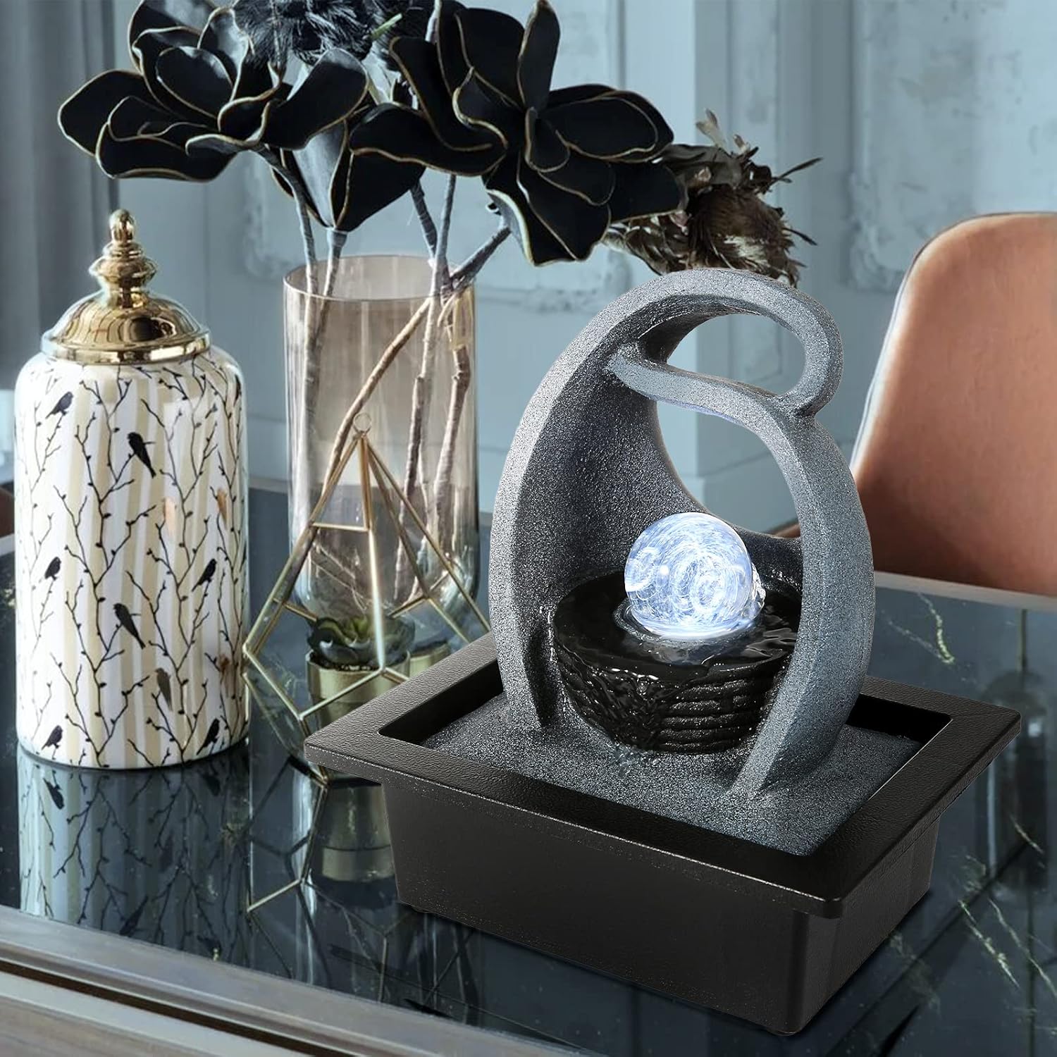WICHEMI Water Fountain with LED Rolling Ball Indoor Fountain for Home and Office Decor