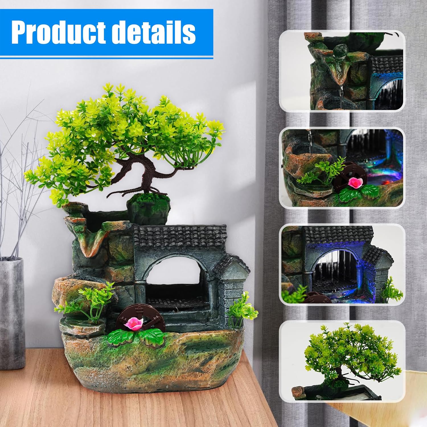 Tabletop Waterfall Fountain with LED Light and Adjustable Pump
