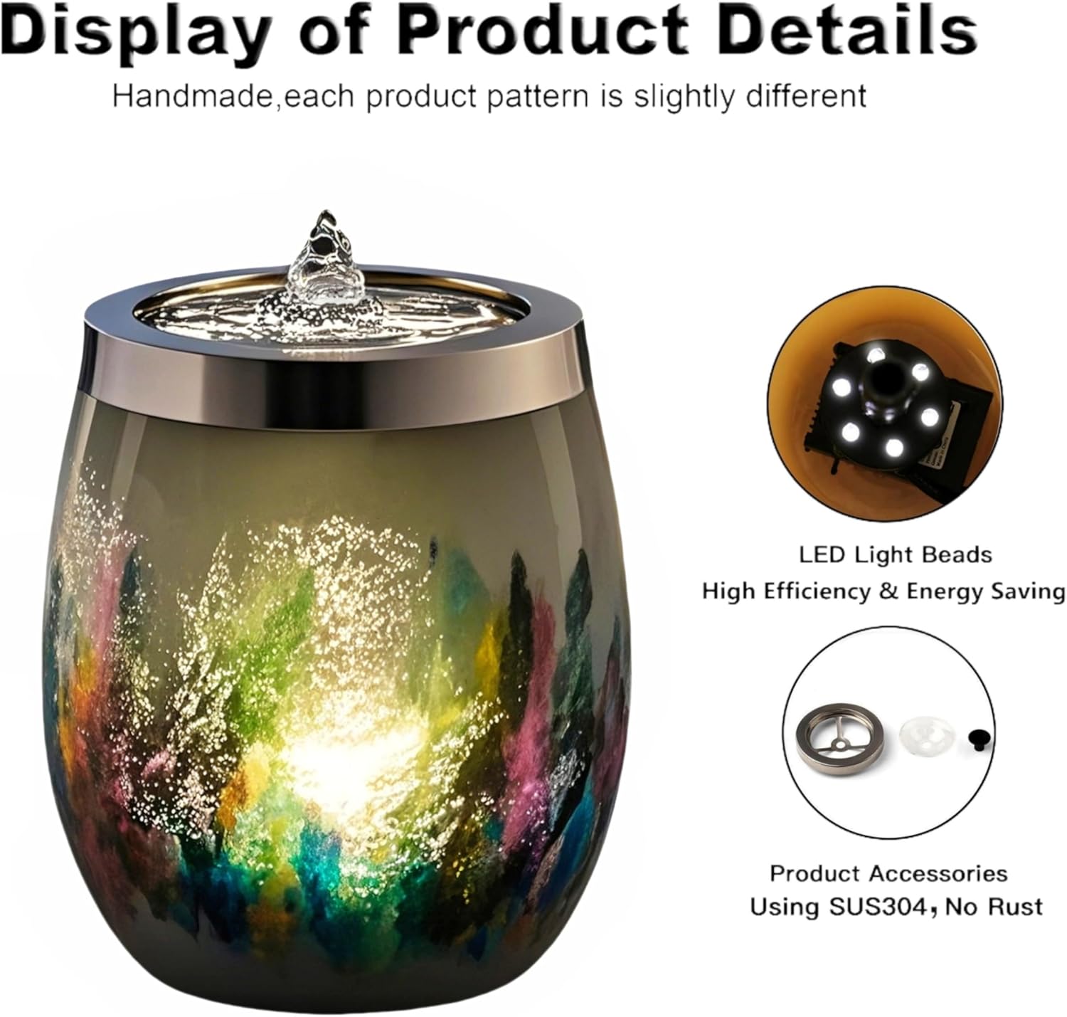 VOREEN Art Glass Tabletop Fountain with White Ambient Light and Aromatherapy