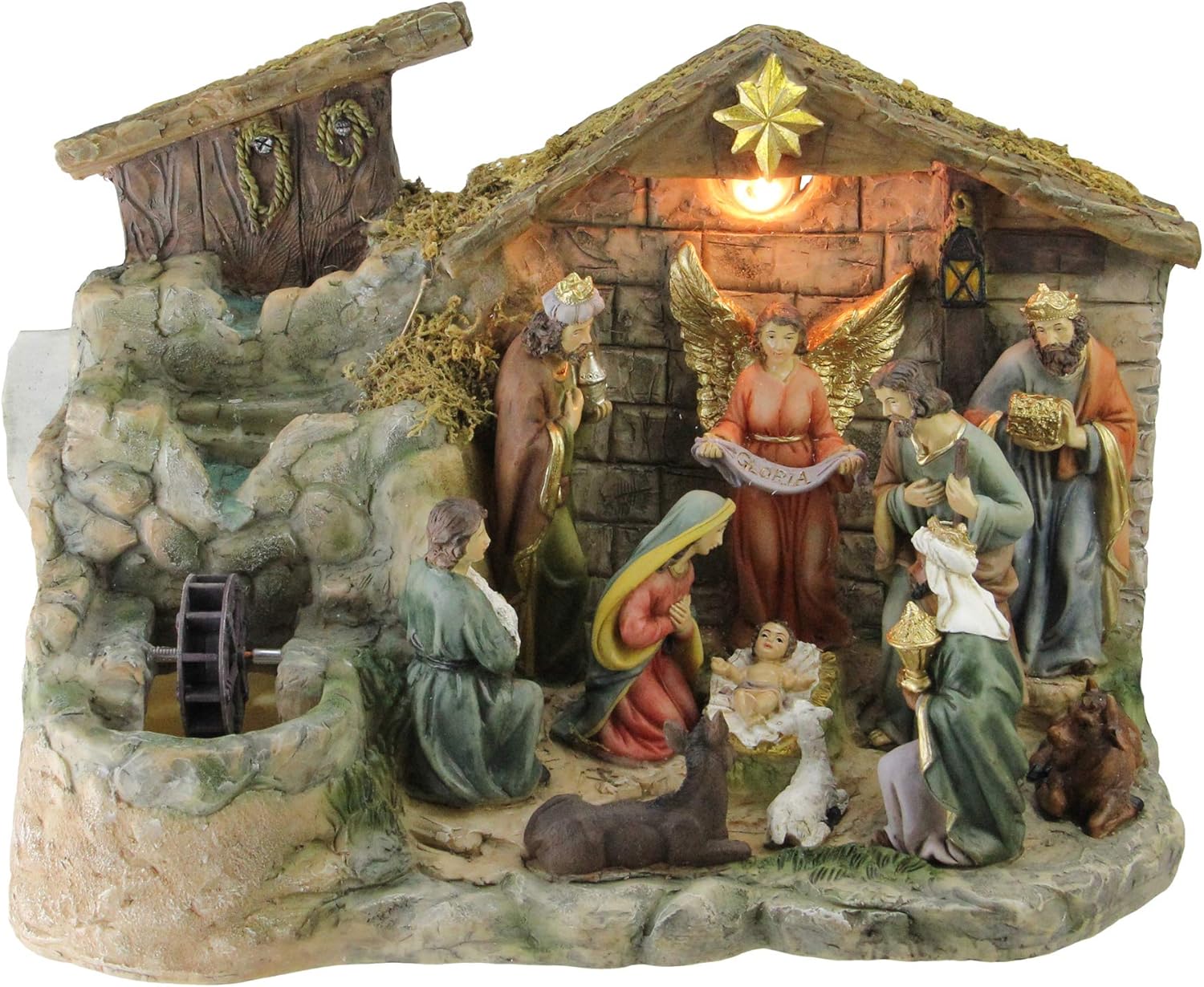Northlight 11-Piece Pre-Lit Brown Christmas Nativity Figurine Set with Water Fountain 11 Inches