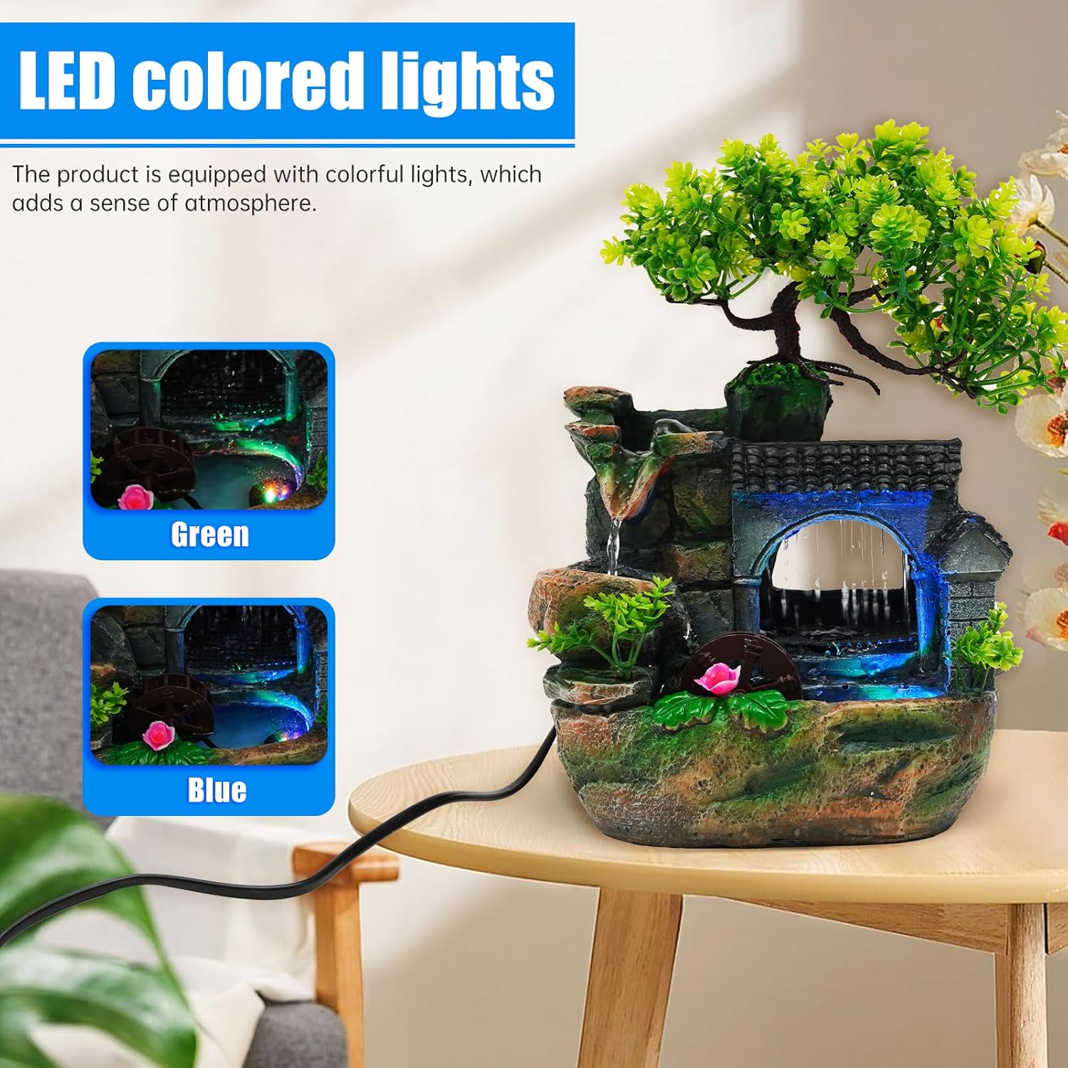 Tabletop Waterfall Fountain with LED Light and Adjustable Pump