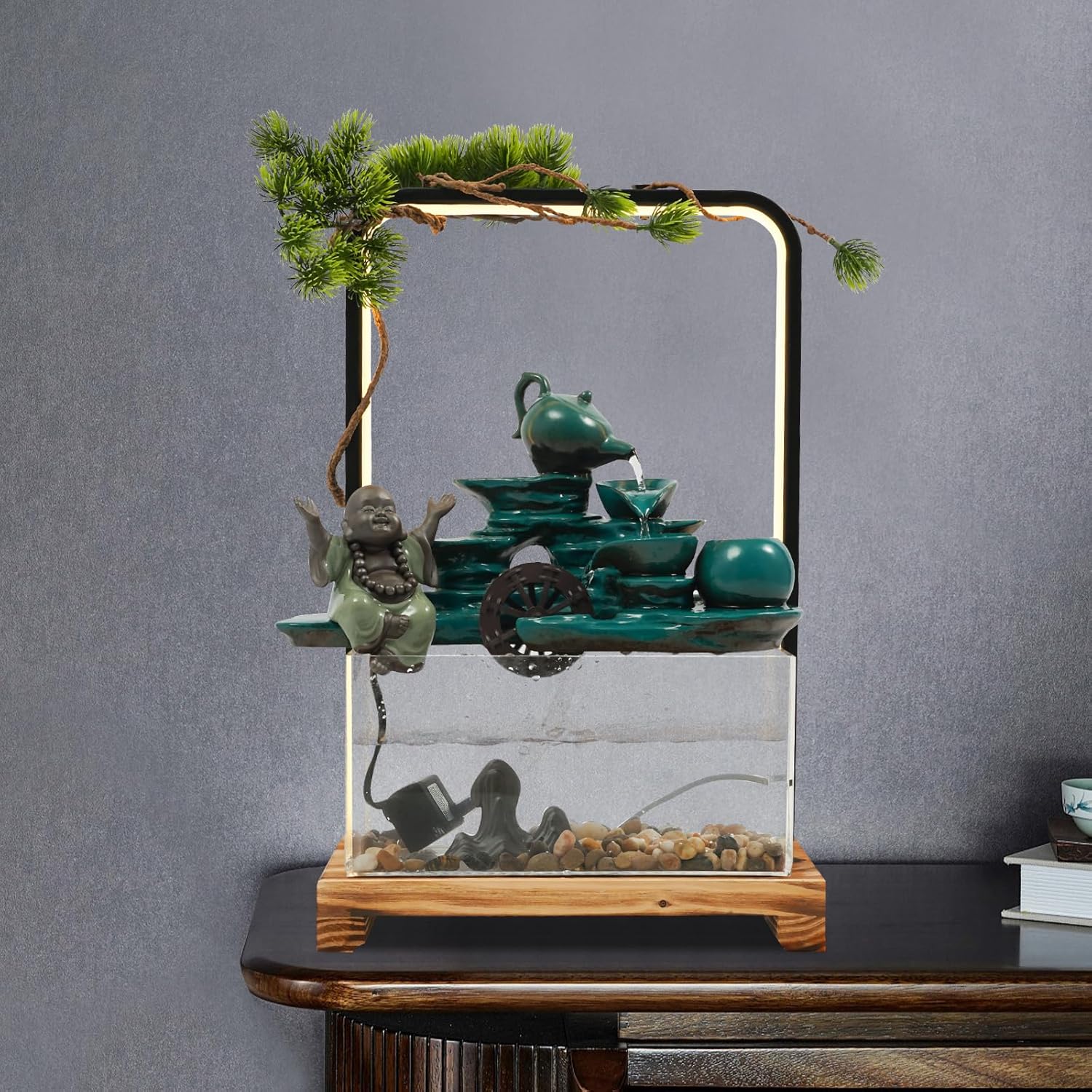 Green Welcoming Pine Tabletop Water Fountain with LED Lights