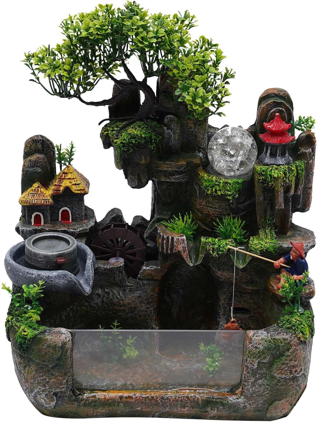 DMSIDN Tabletop Rockery Waterfall Fountain with LED Lights and Atomizer