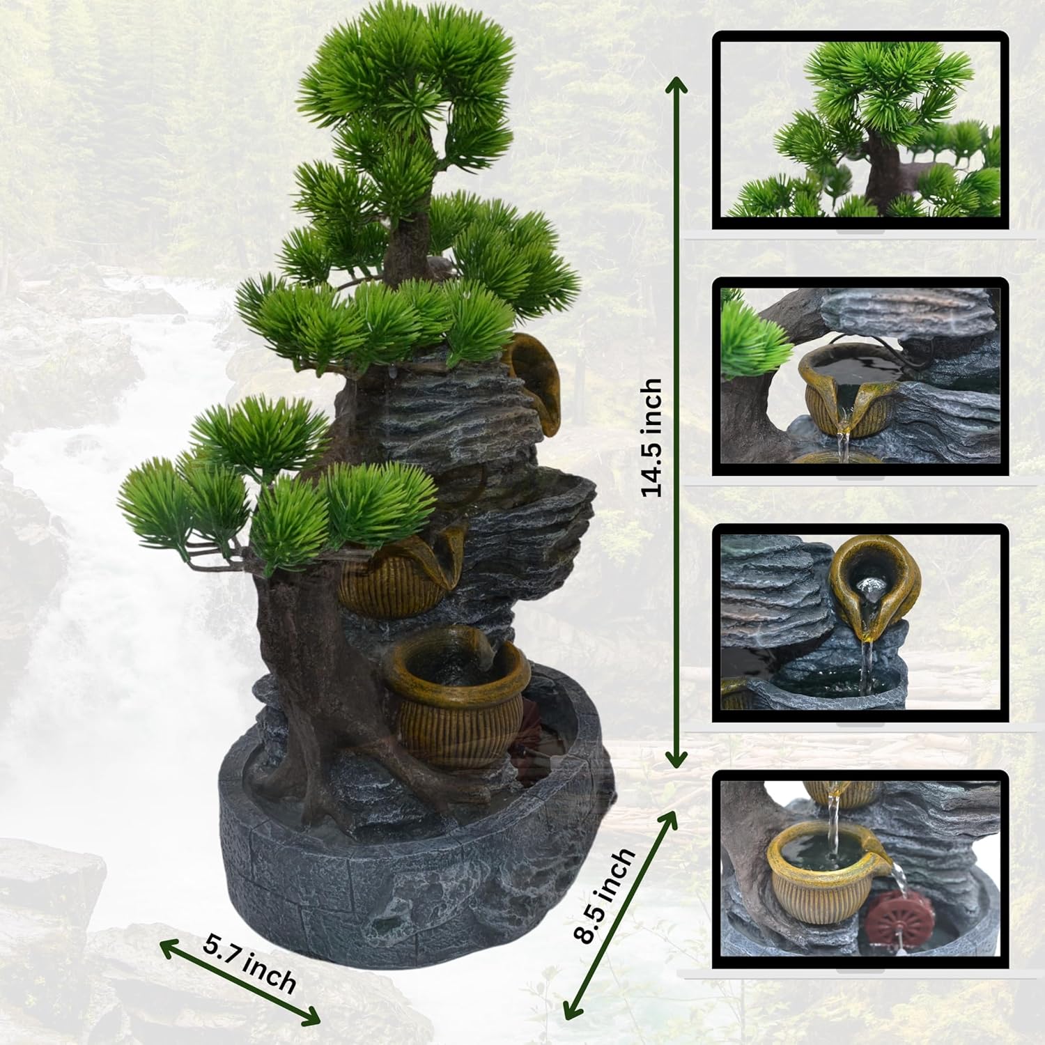 18-Inch Tabletop Water Fountain with Bonsai Tree and Spinning Wheel