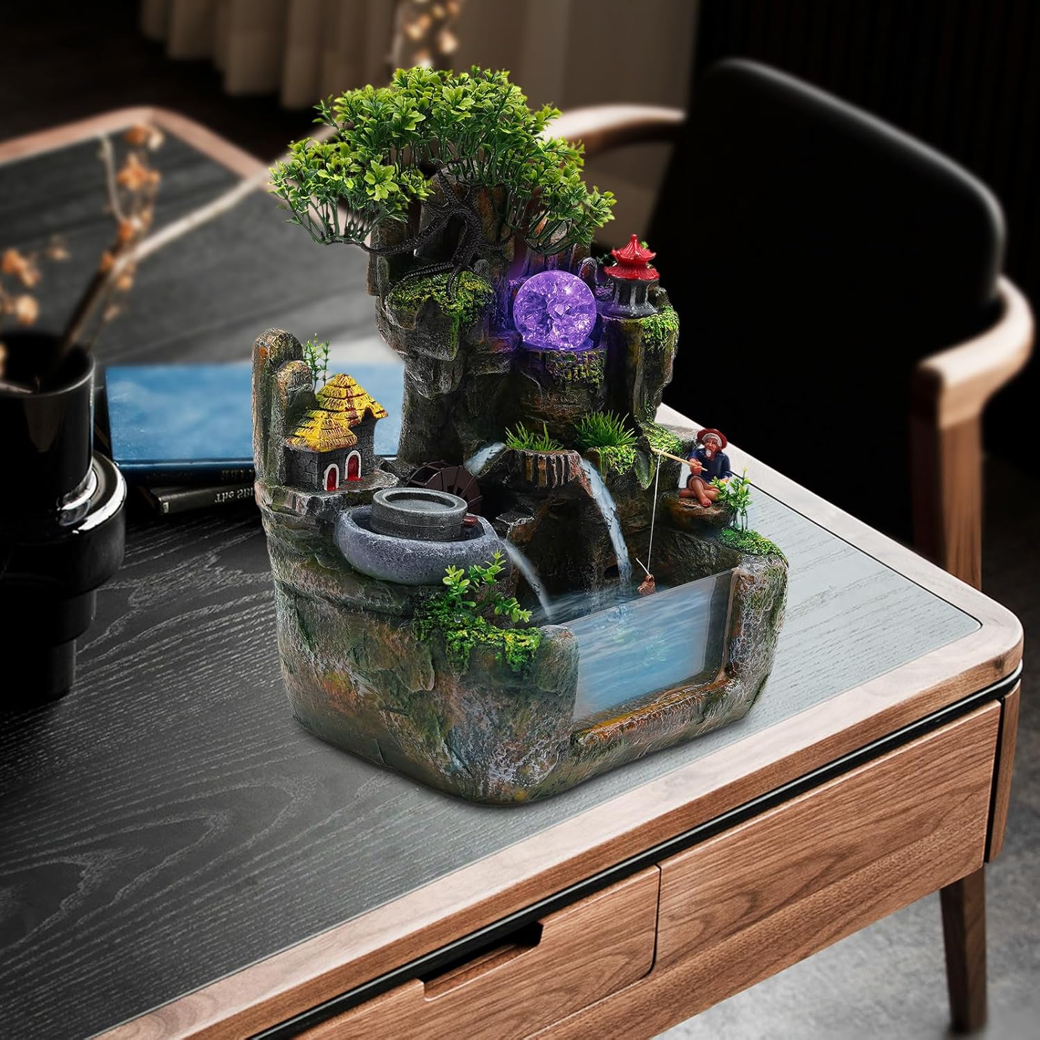 Tabletop Fountain Ornament with LED Lights and Fish Tank