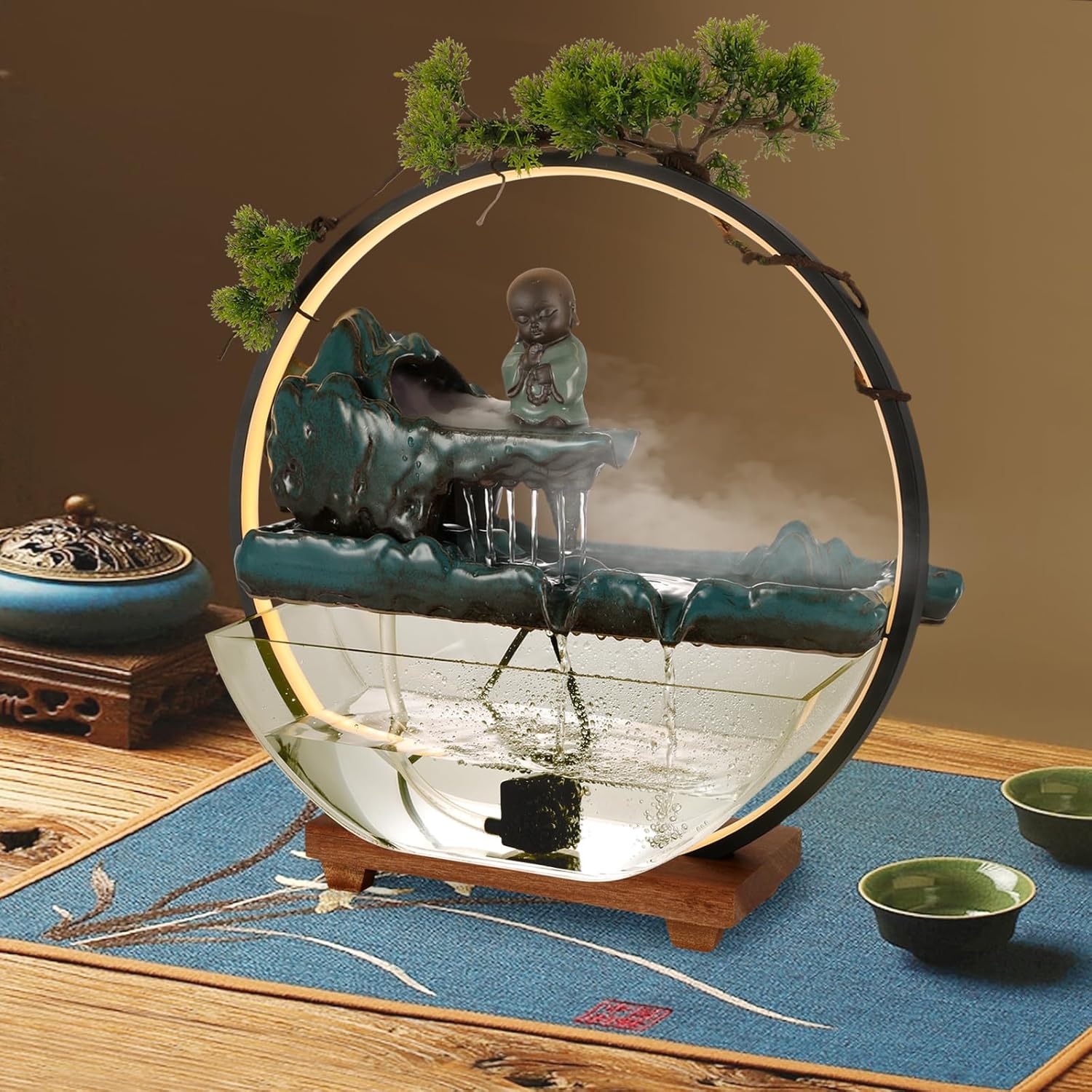 Backflow Incense Holder with LED Light and Water Fountain for Feng Shui and Home Decor