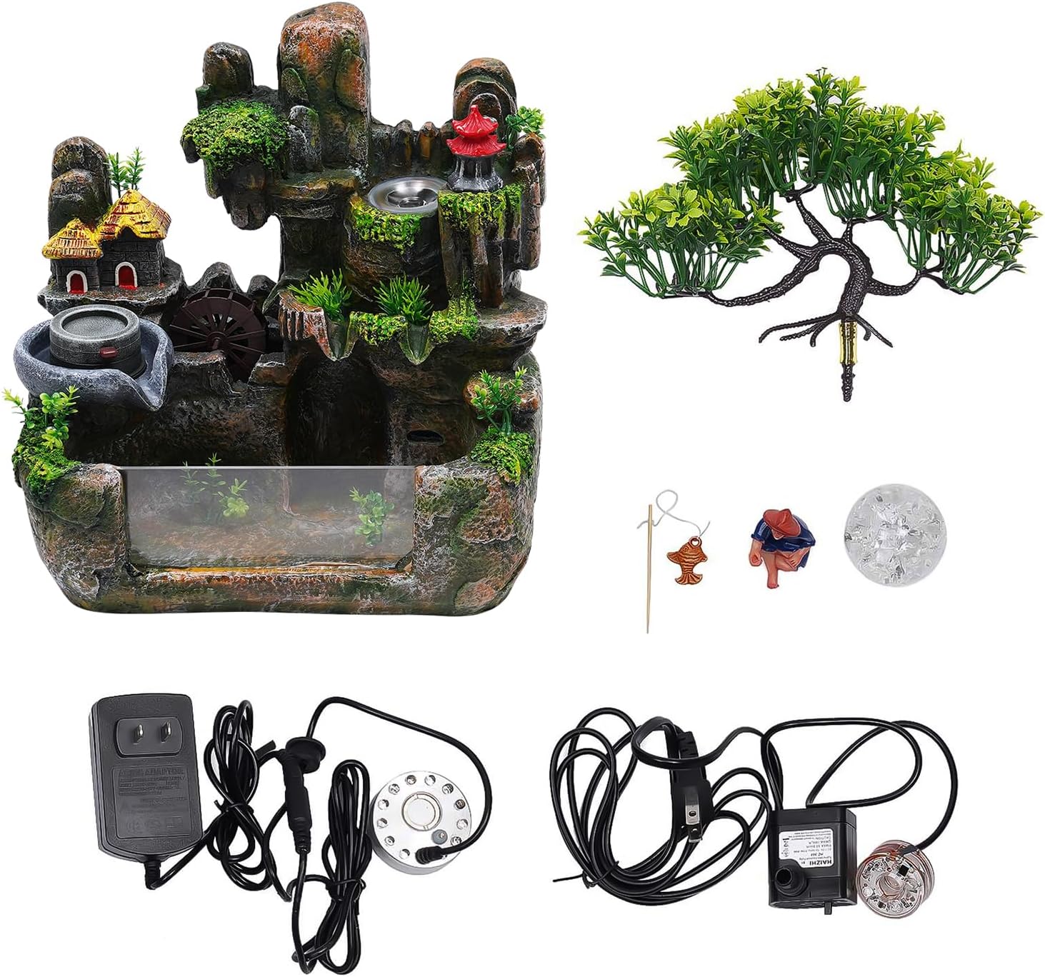 Waterfall Fountain Tabletop with Artificial Tree and LED Light