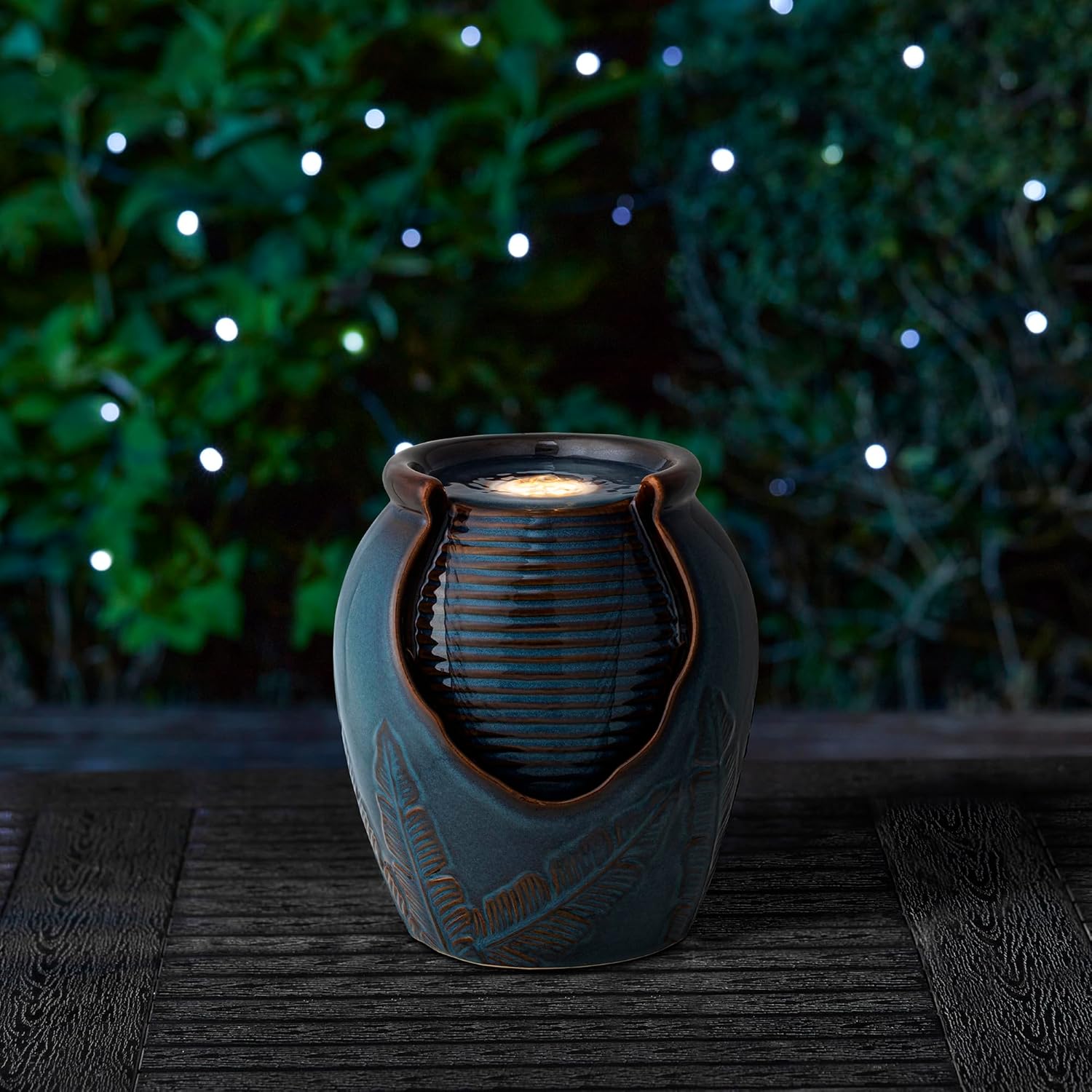 Glitzhome Tabletop Ceramic Jar Water Fountain with LED Light Turquoise Leaf Design 925H