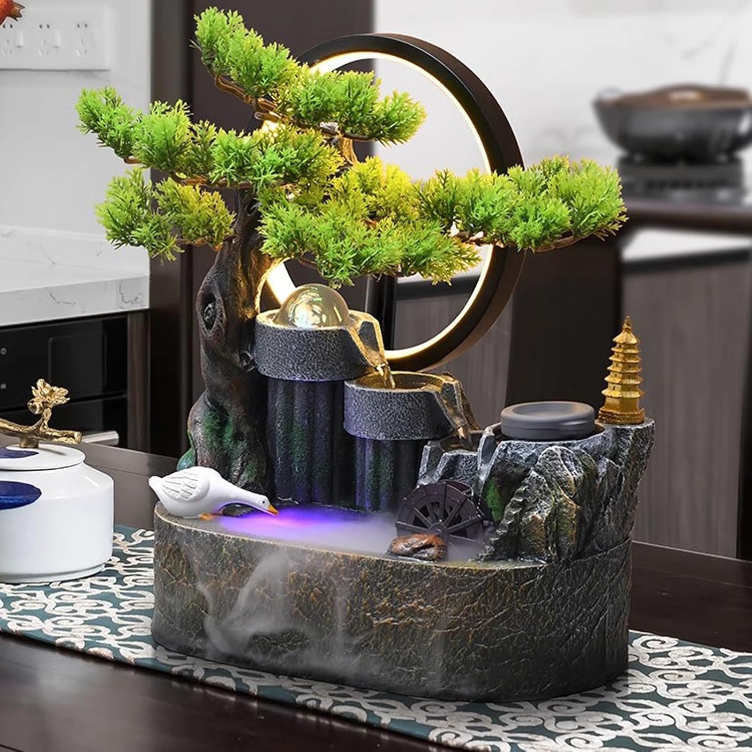 Elegant Indoor Water Fountain with Rockery and Bonsai Design