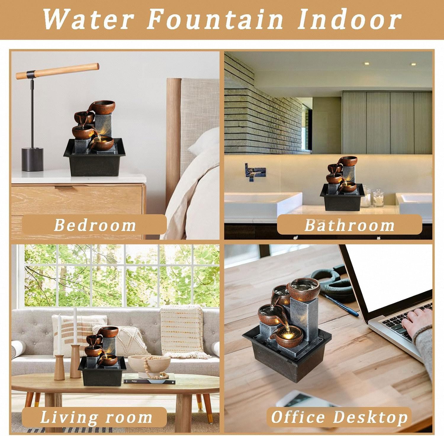 Bocnity 4 Tier Tabletop Waterfall Fountain with LED Light