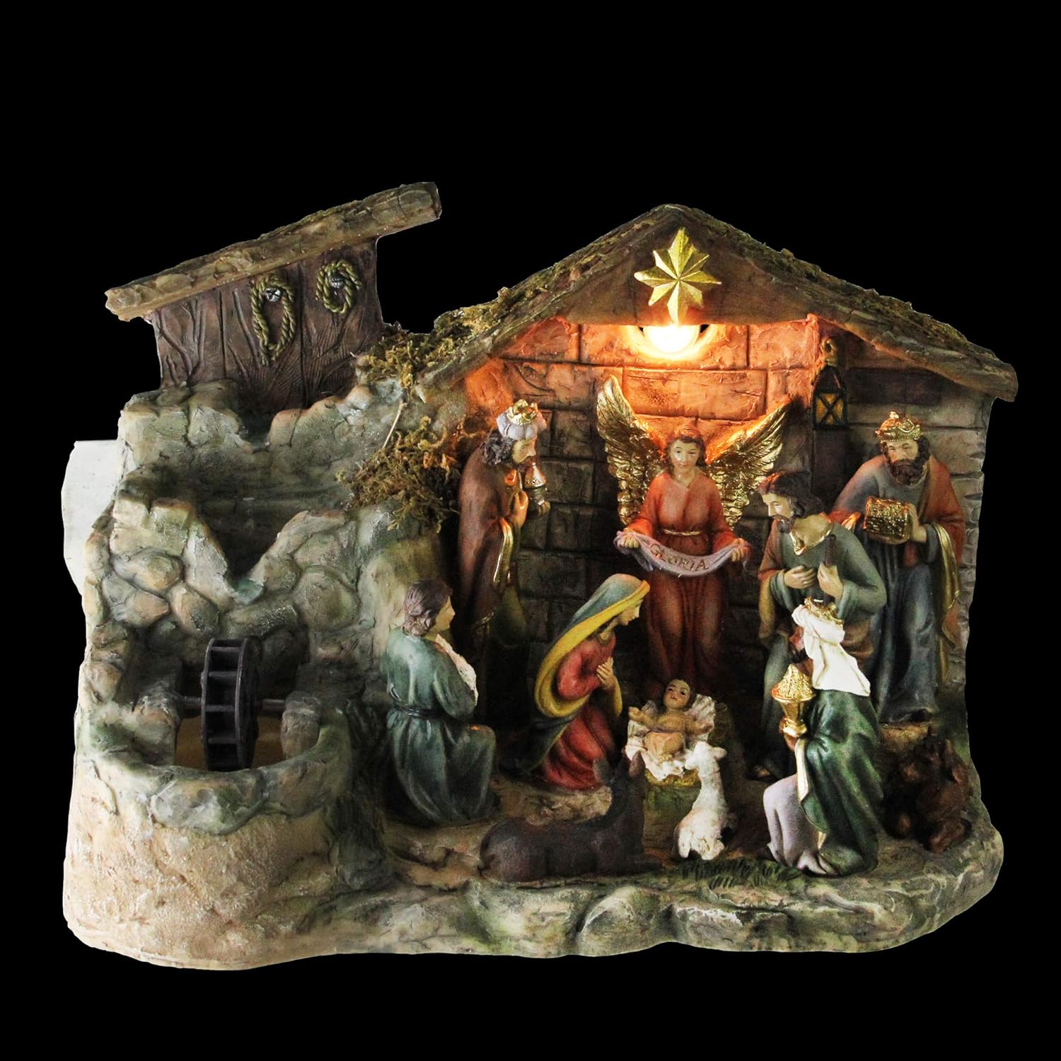 Northlight 11-Piece Pre-Lit Brown Christmas Nativity Figurine Set with Water Fountain 11 Inches