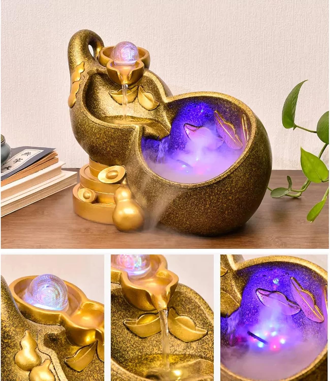 Golden Gourd Tabletop Fountain with Rolling Ball for Home Office Decor