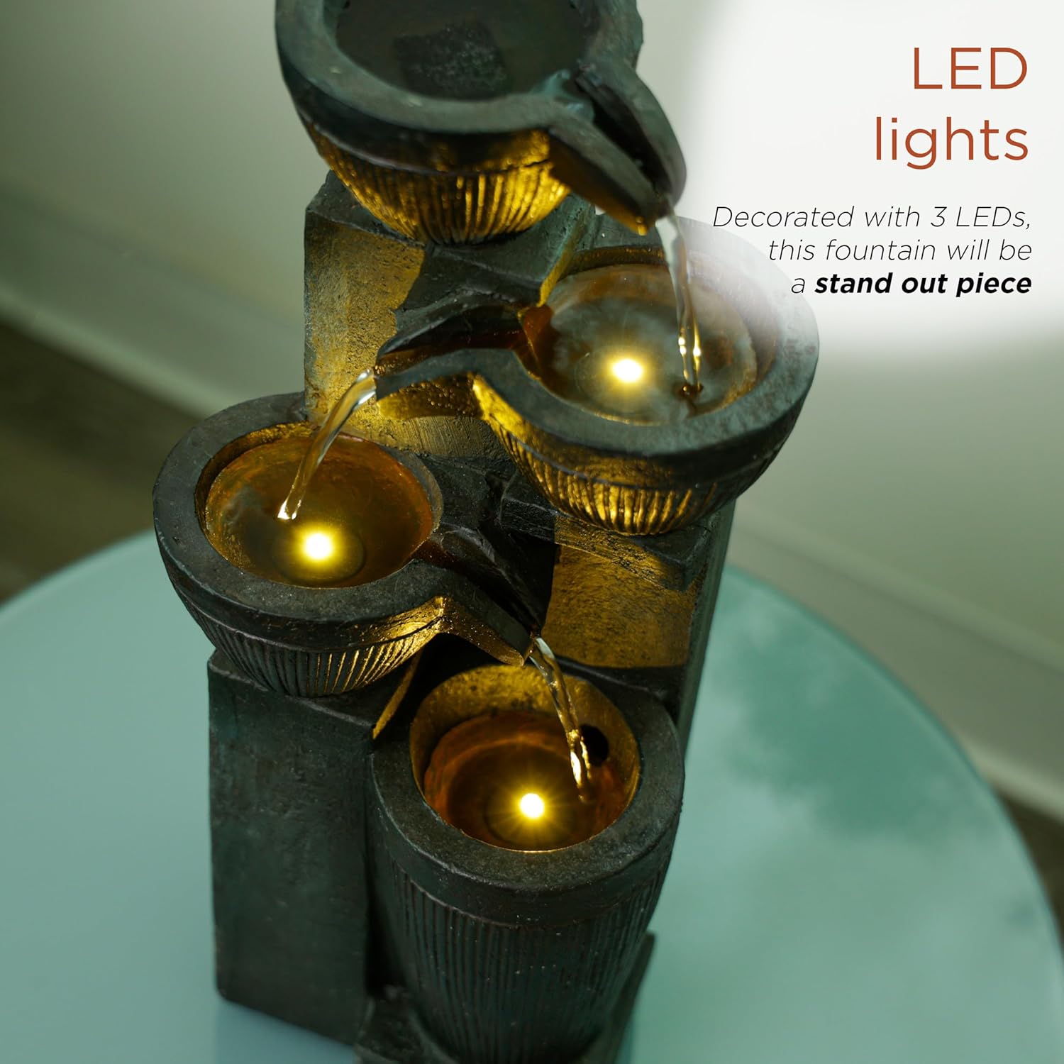 Alpine Corporation 14 Inch Stoned Jar Water Fountain with LED Lights