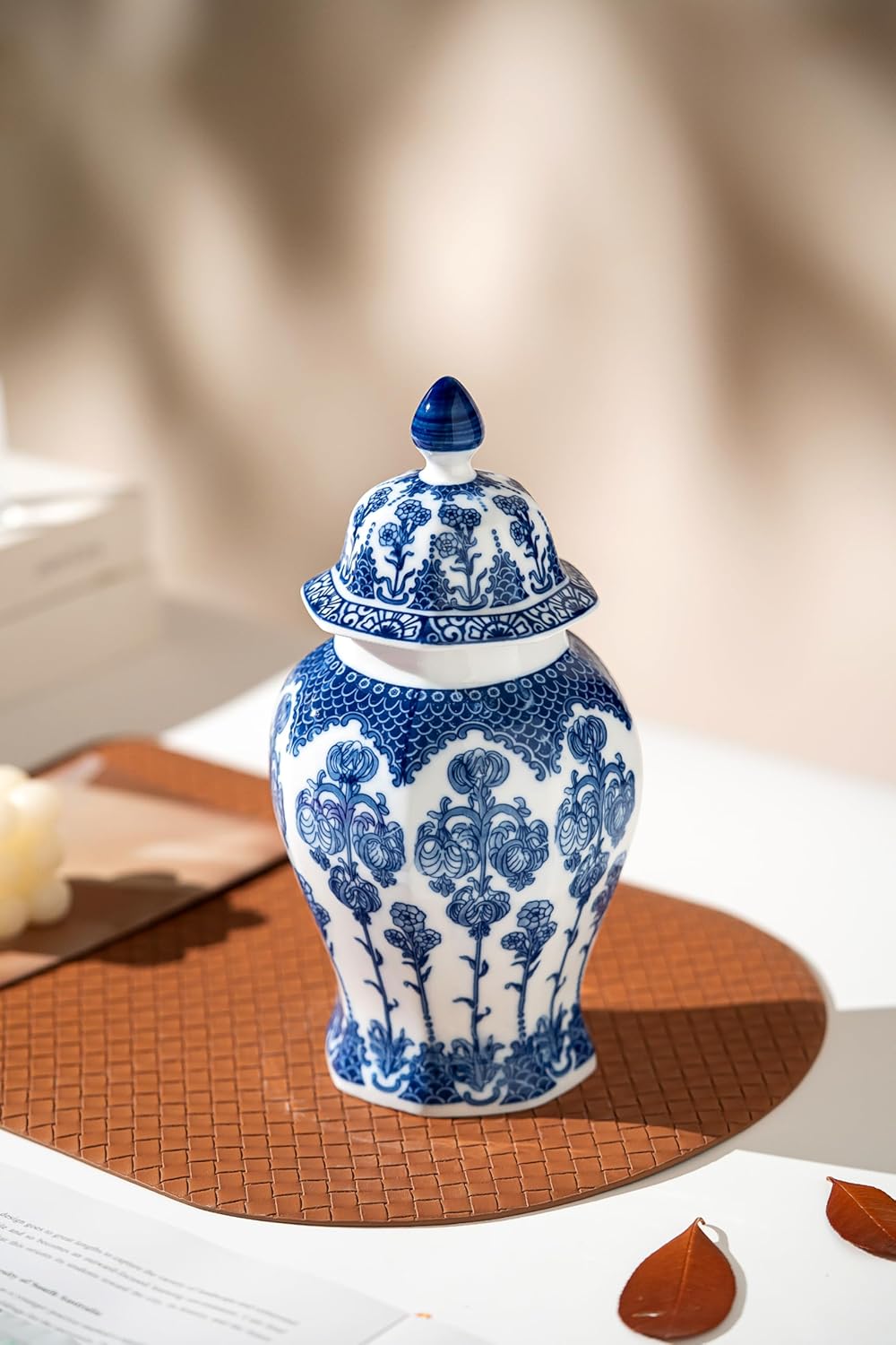 Blue and White Ginger Jar 10 Inch Ceramic Decor