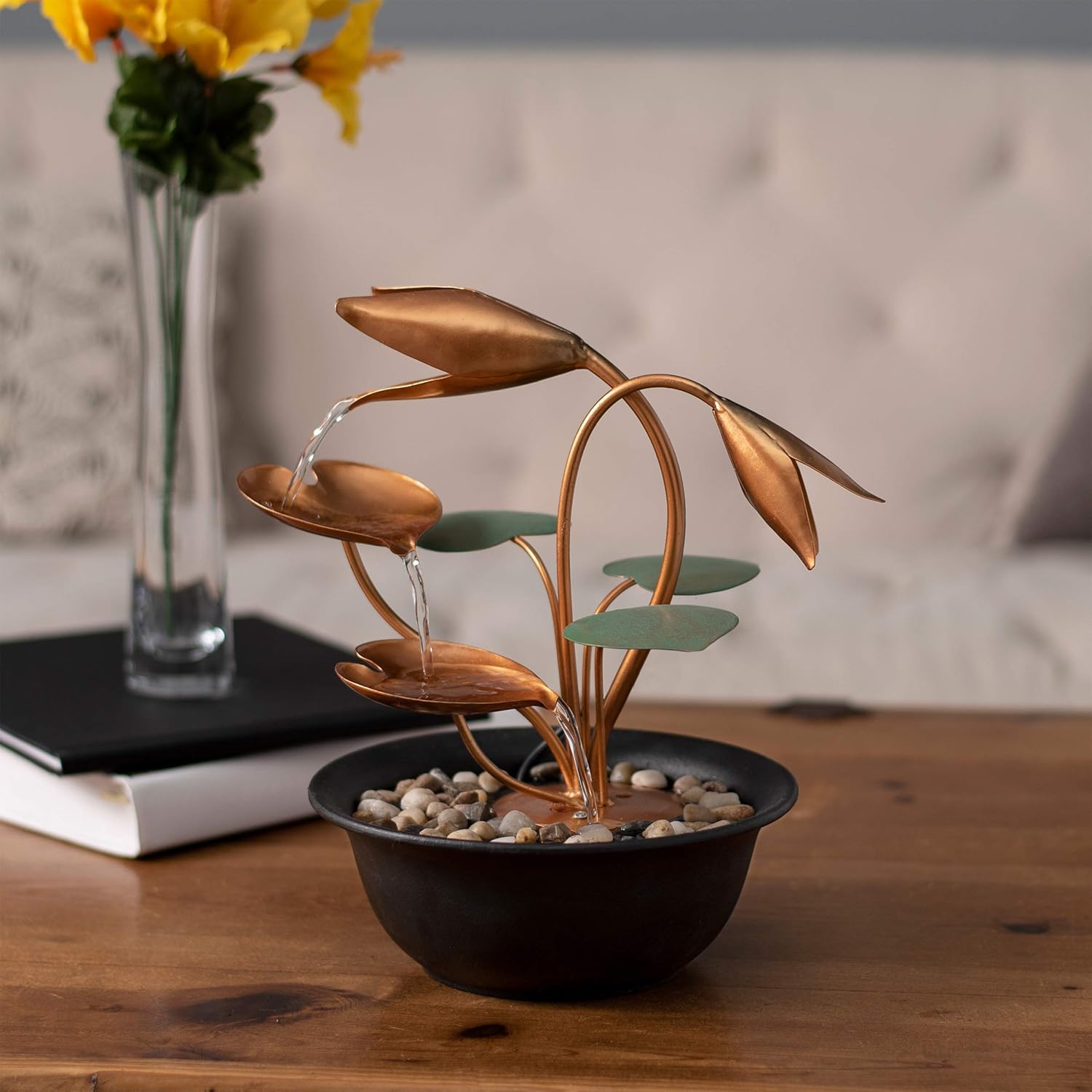 Tabletop Water Fountain with Metal Flowers and Leaves