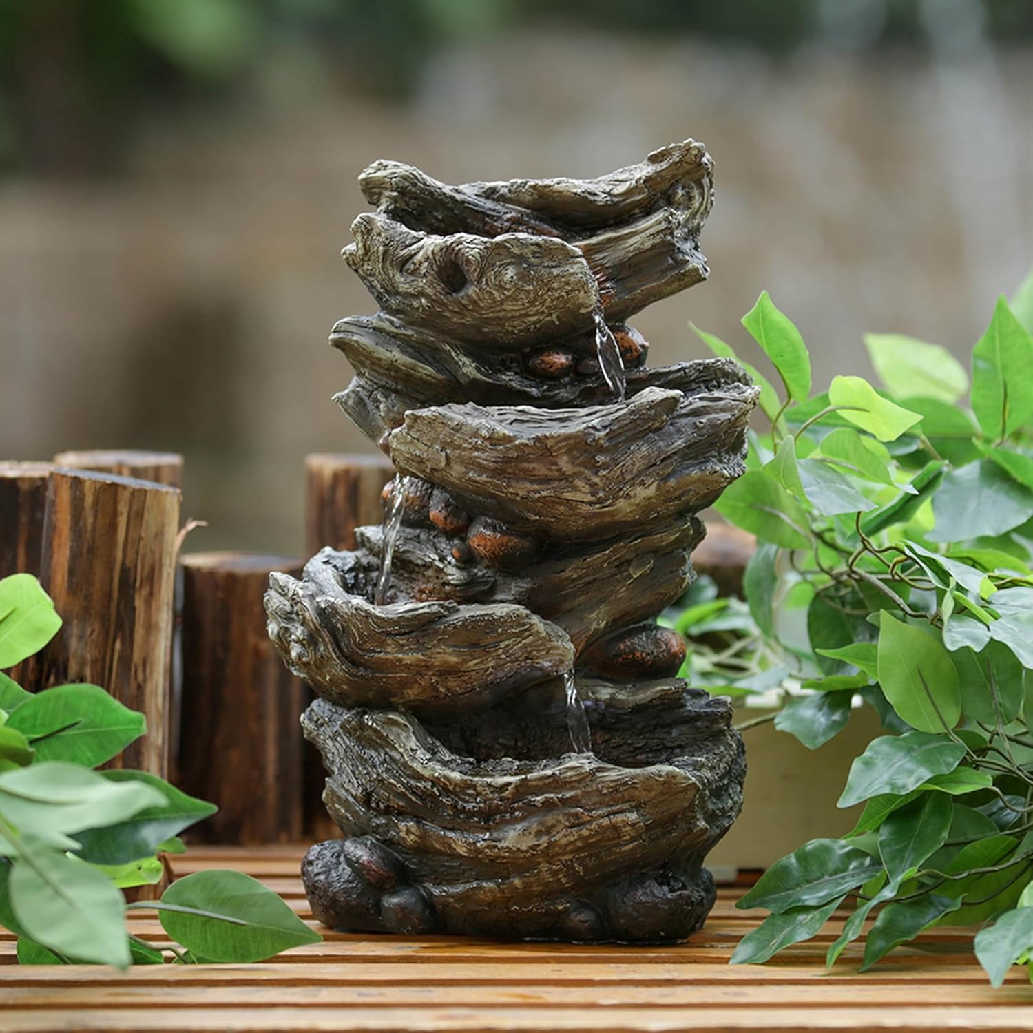 OPAHDN Indoor Brown Wood-Look Water Fountain with LED Light