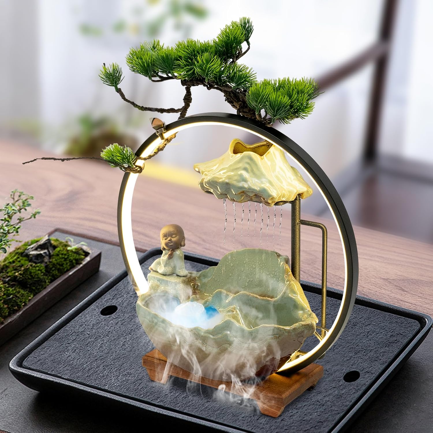 Tabletop Water Fountain with LED Light and Mist for Feng Shui Meditation and Home Decor