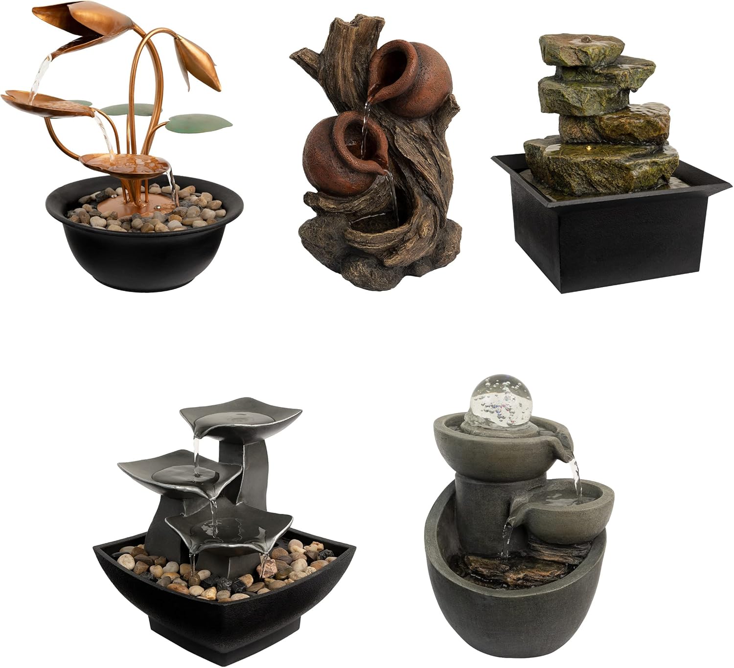 Tabletop Water Fountain with Metal Flowers and Leaves