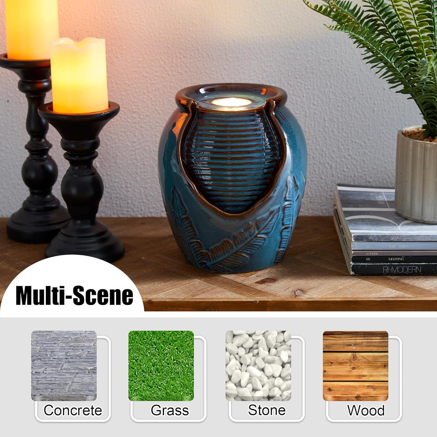 Glitzhome Tabletop Ceramic Jar Water Fountain with LED Light Turquoise Leaf Design 925H