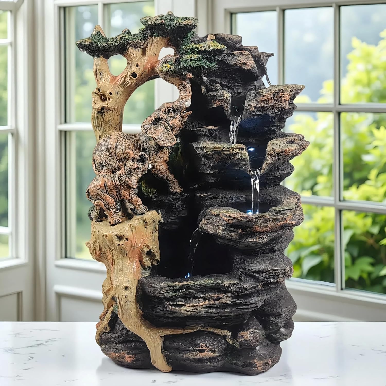 LithosKryos Water Fountain with Elephant Sculpture LED Light